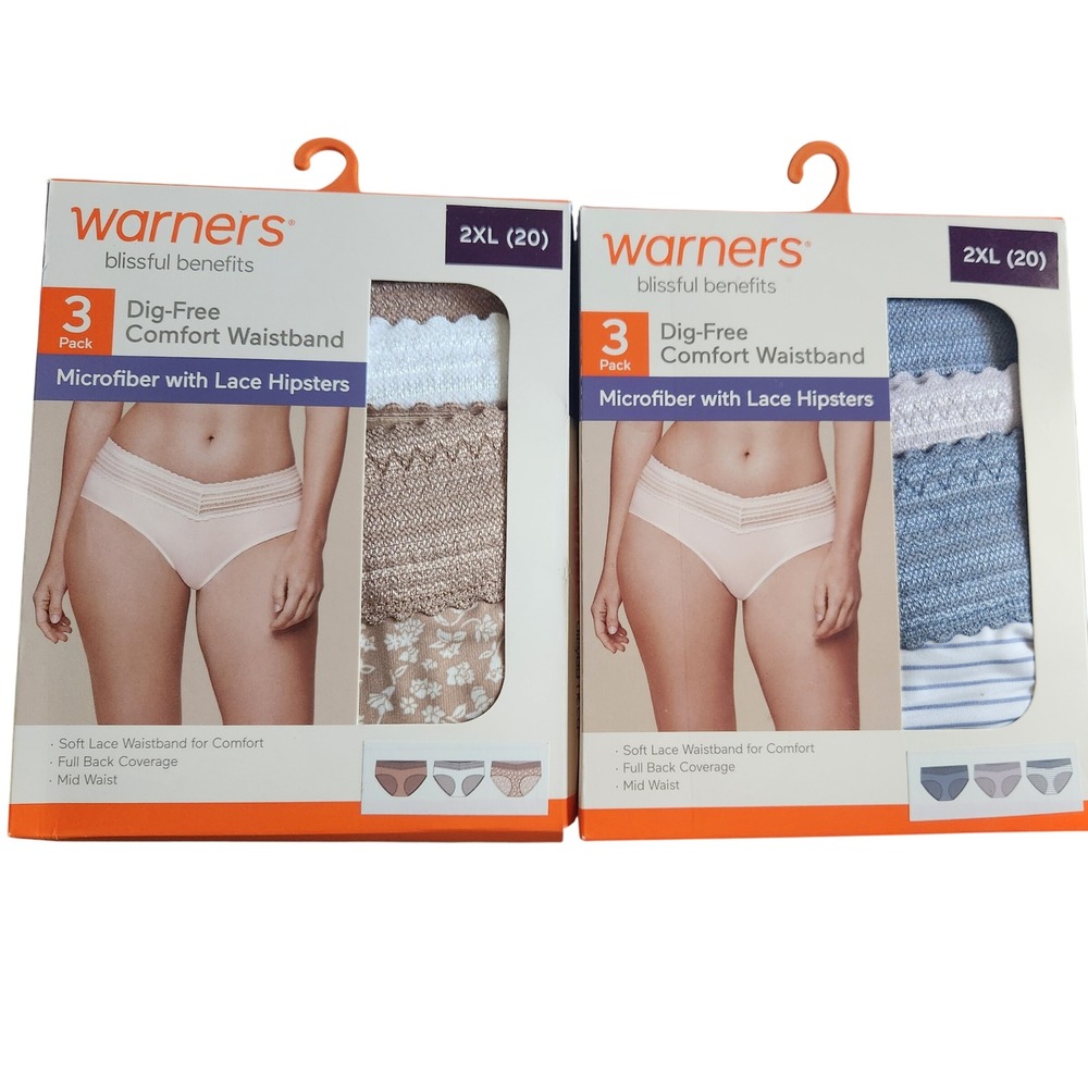 Warners Blissful Benefits 6pk Microfiber Lace Hipsters 2XL 20 Blue Tan Floral